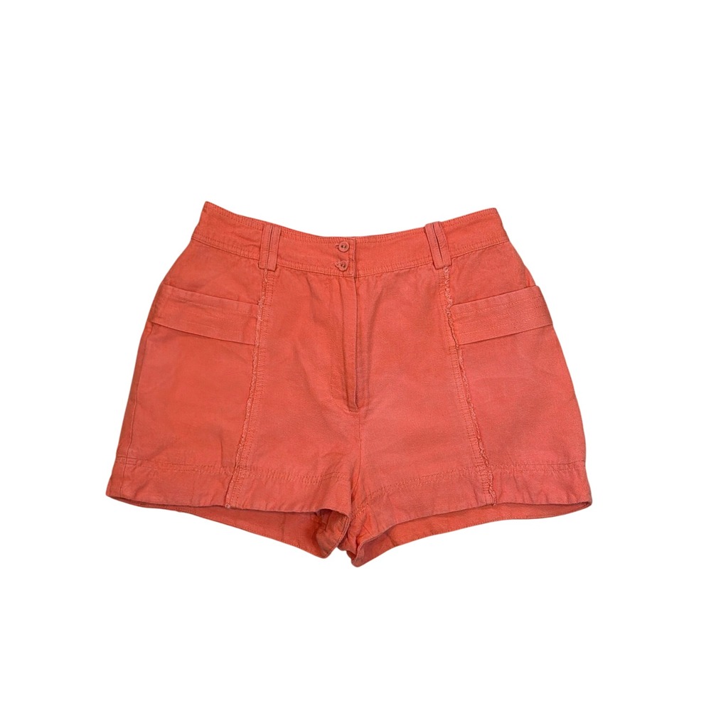 Aje Coral Orange Linen Blend High Waisted Utility Shorts Raw Edge Size 12Au 8 US